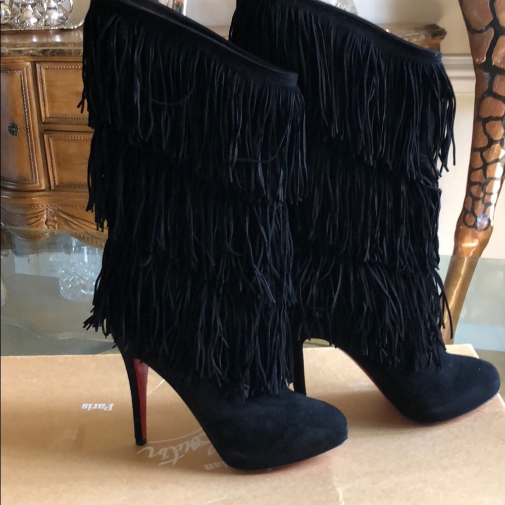 Christian Louboutin Black Fringe Ankle Boots